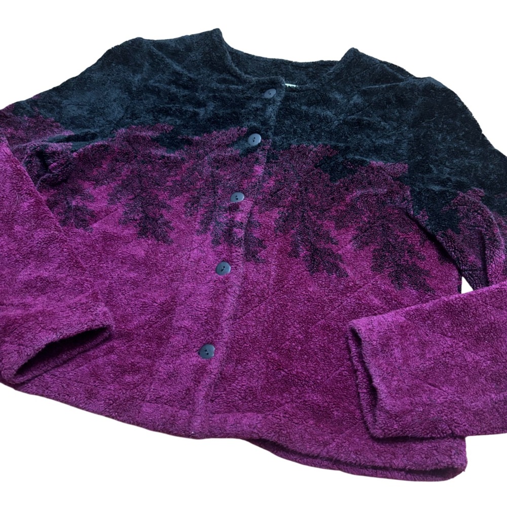 Silver Gecko CO Purple Black Fleece Jacket Button Up Leaf Pattern Size M